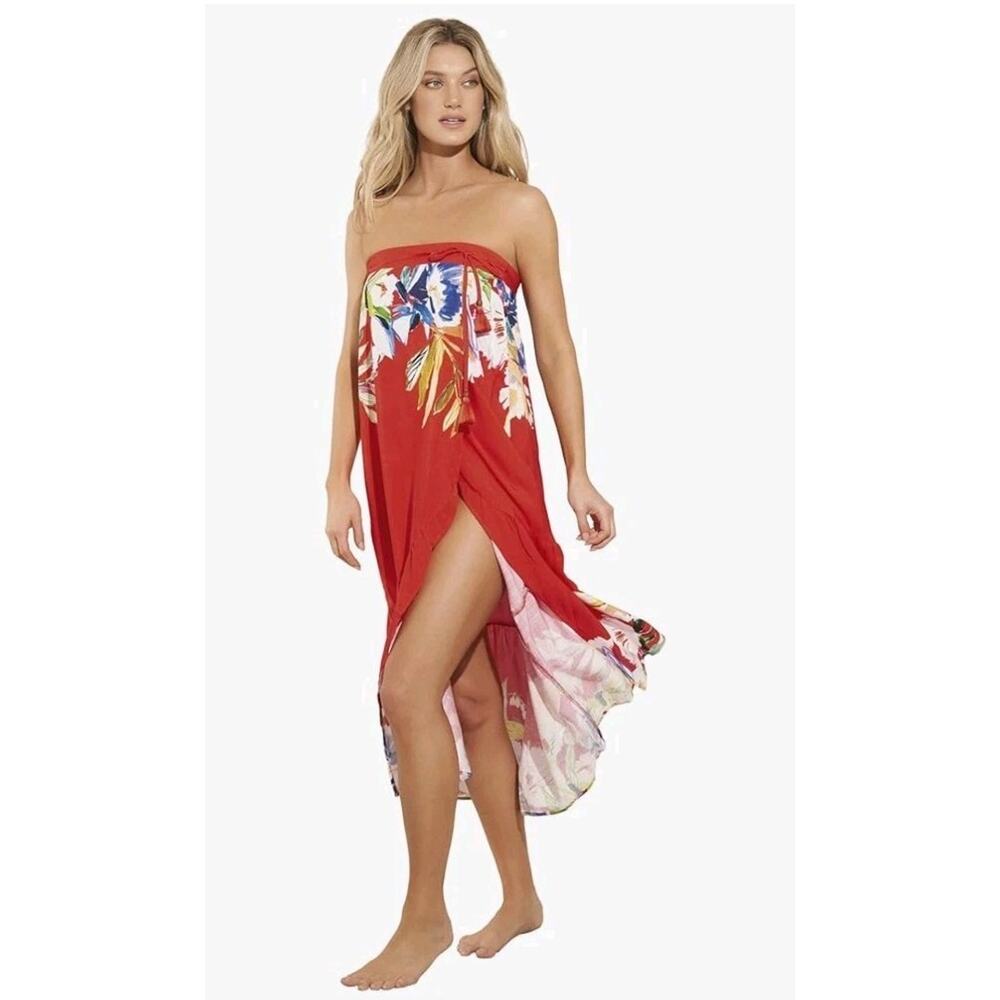 Anthropologie Maaji Maxi Wrap Skirt Ruffle Women Red Tropical Floral Medium - Picture 3 of 9